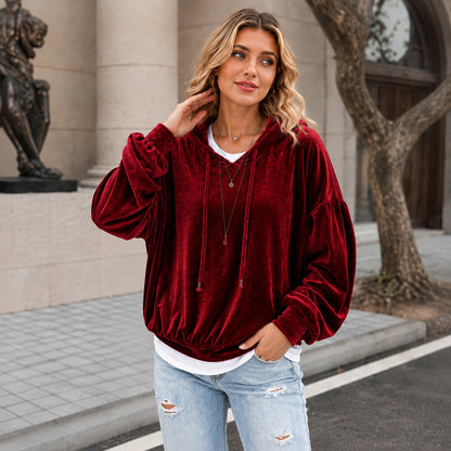 Women's Loose Velvet Drawstring Hoodie