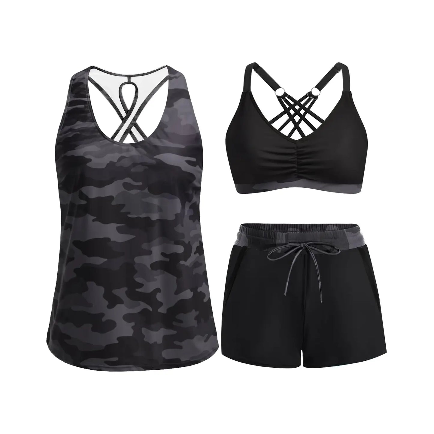Three Piece Tankini with Shorts with Pockets