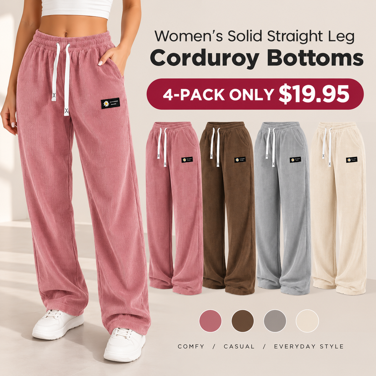 LAST DAY SALEWomen's Solid Straight Leg Corduroy Bottoms-100% Cotton