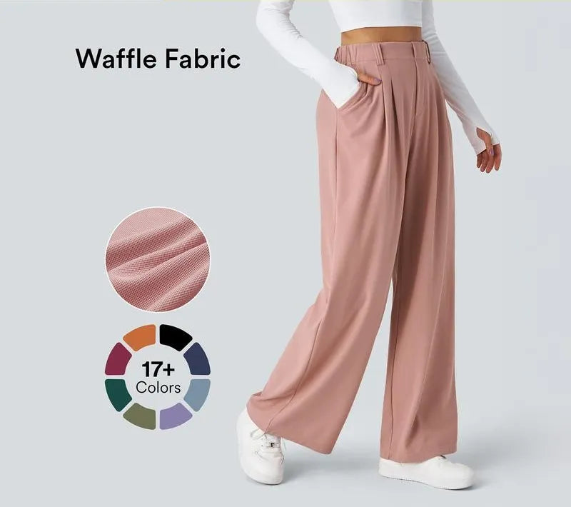 🔥Autumn Sale– High Waisted Pleated Wide Leg Waffle Work Pants with Side Pockets