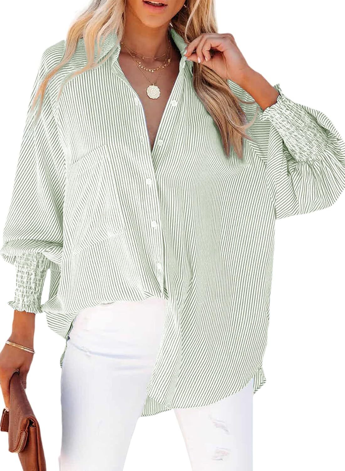 🔥2026 Clearance Item🔥Women's pleated cuffs striped shirt with pockets and casual collar
