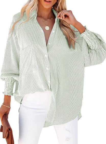 🔥2026 Clearance Item🔥Women's pleated cuffs striped shirt with pockets and casual collar