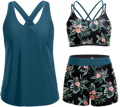 Three Piece Tankini with Shorts with Pockets