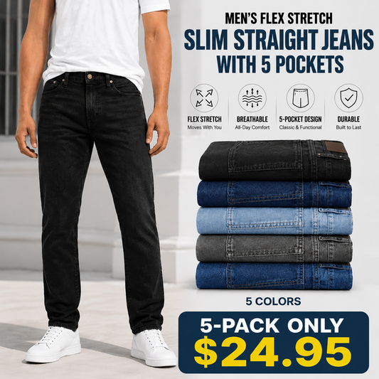 Men's 3-Pack Flex Stretch Slim Straight Jeans with 5 Pockets Denim Fabric Menswear