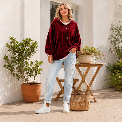 Women's Loose Velvet Drawstring Hoodie