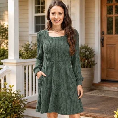 Women's Square Neck Long Sleeve Fall Dresses Casual Babydoll Sweater Dress