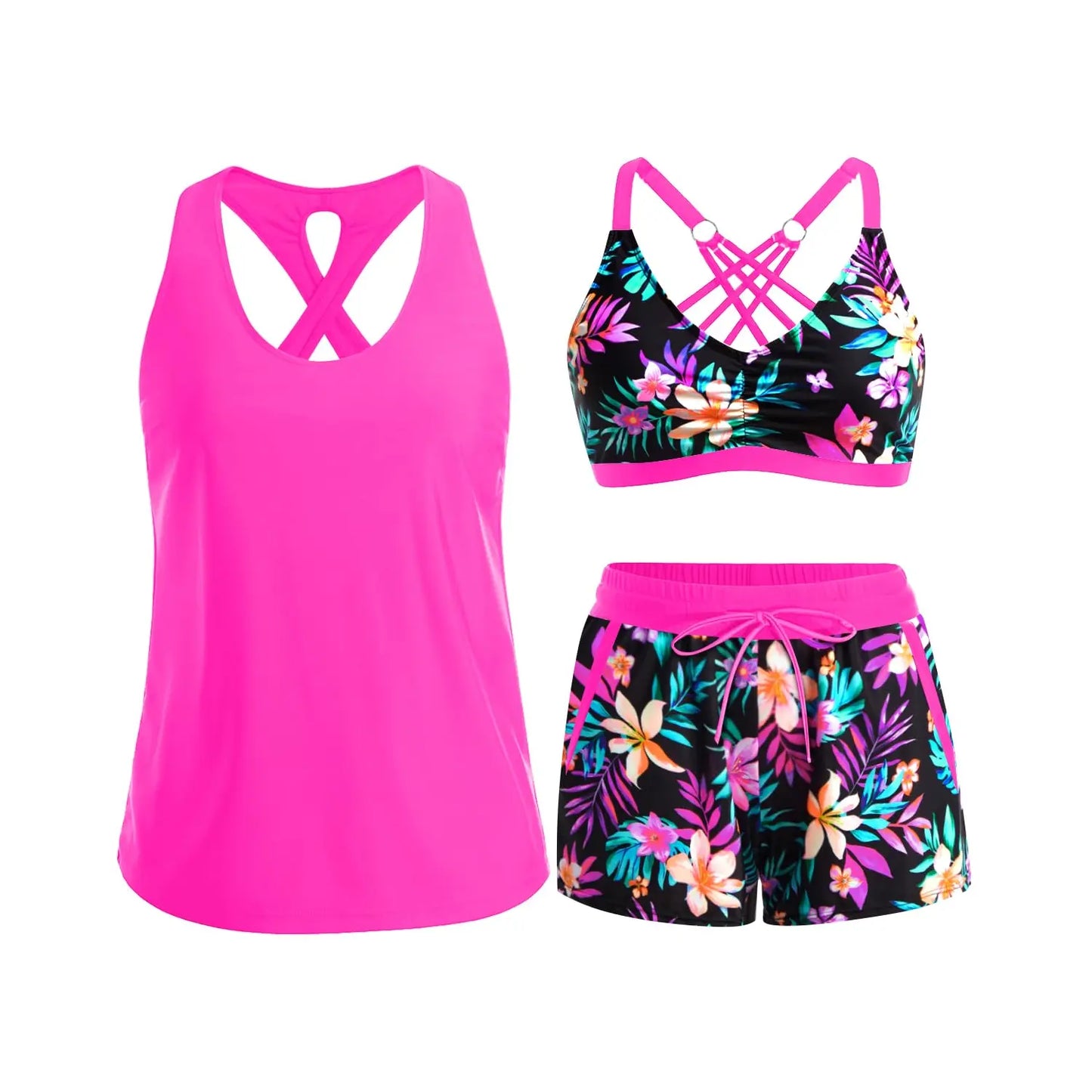 Three Piece Tankini with Shorts with Pockets