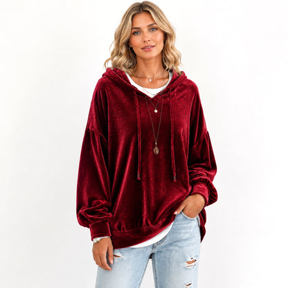 Women's Loose Velvet Drawstring Hoodie