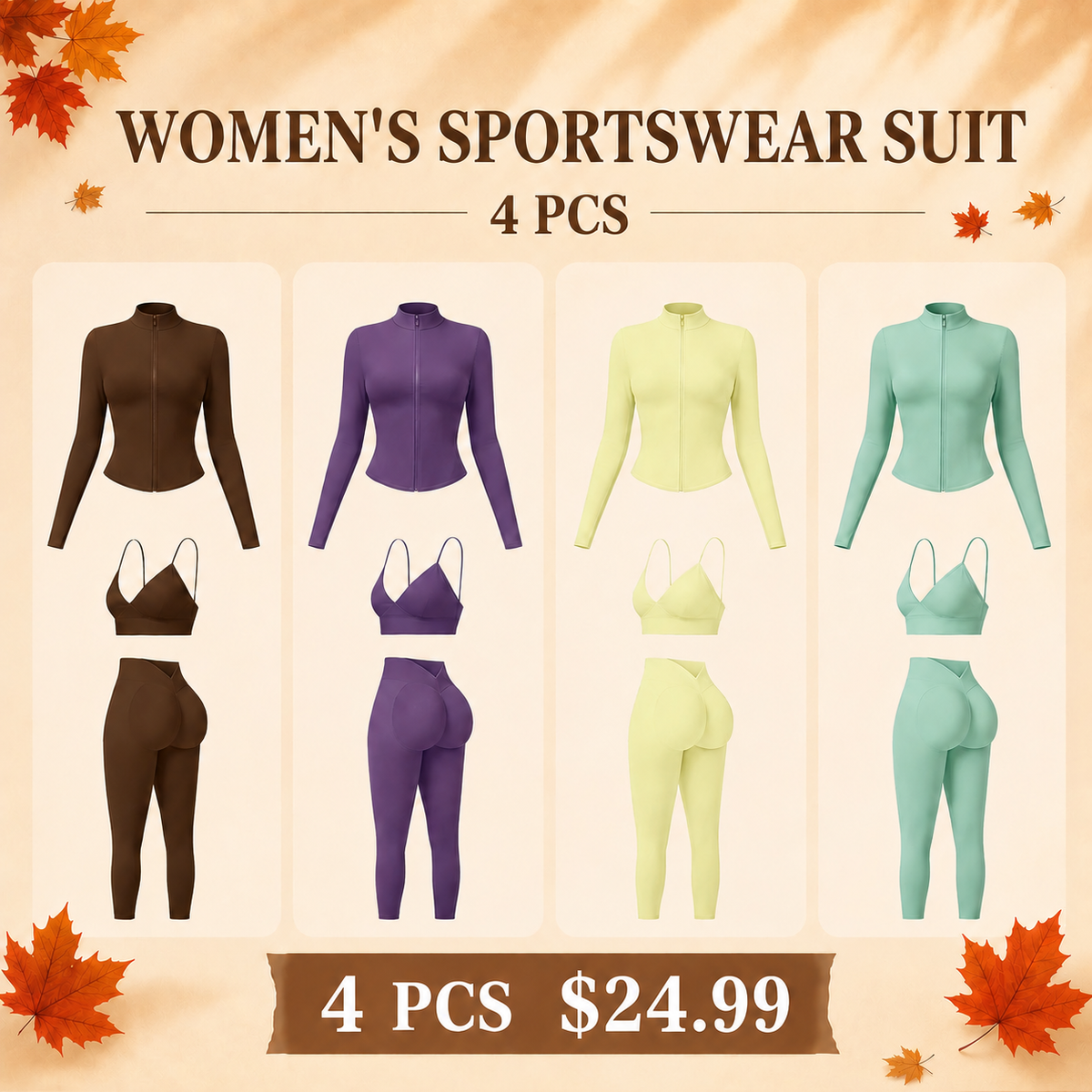 Women's tank top, high-waisted leggings, and zip-up jacket 3-piece sportswear set.