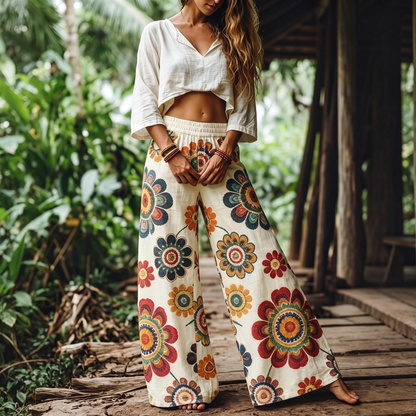 Women's Casual Bohemian Style Floral Print Wide Leg Pant