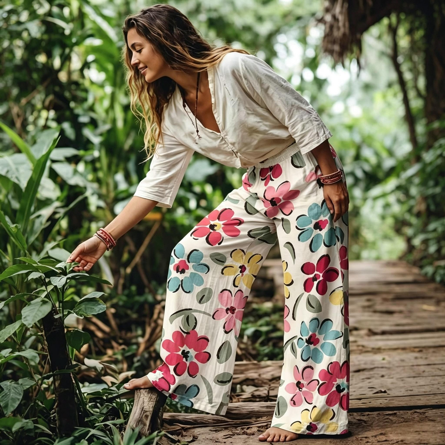 Women's Casual Bohemian Style Floral Print Wide Leg Pant