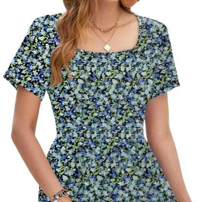 Women Square Neck Ditsy Floral Dress, Ruffle Empire Waist A-Line Sundress With Pockets