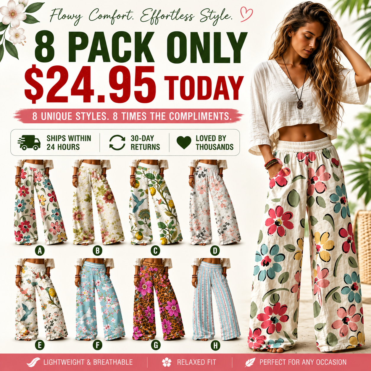 Women's Casual Bohemian Style Floral Print Wide Leg Pant