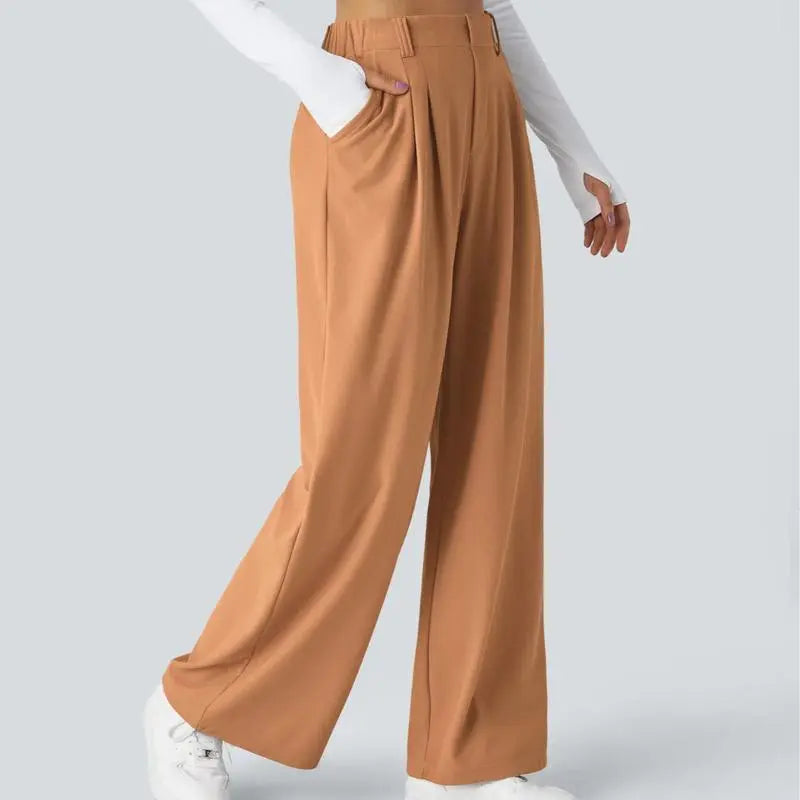 🔥Autumn Sale– High Waisted Pleated Wide Leg Waffle Work Pants with Side Pockets