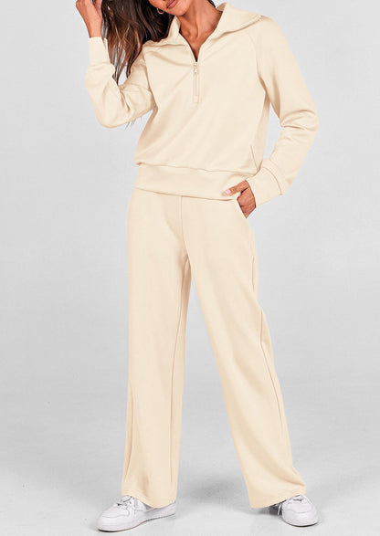 Women's 2 Piece Outfits Casual Lapel Half Zip Sweatshirts And Wide Leg Pants Tracksuit Sets