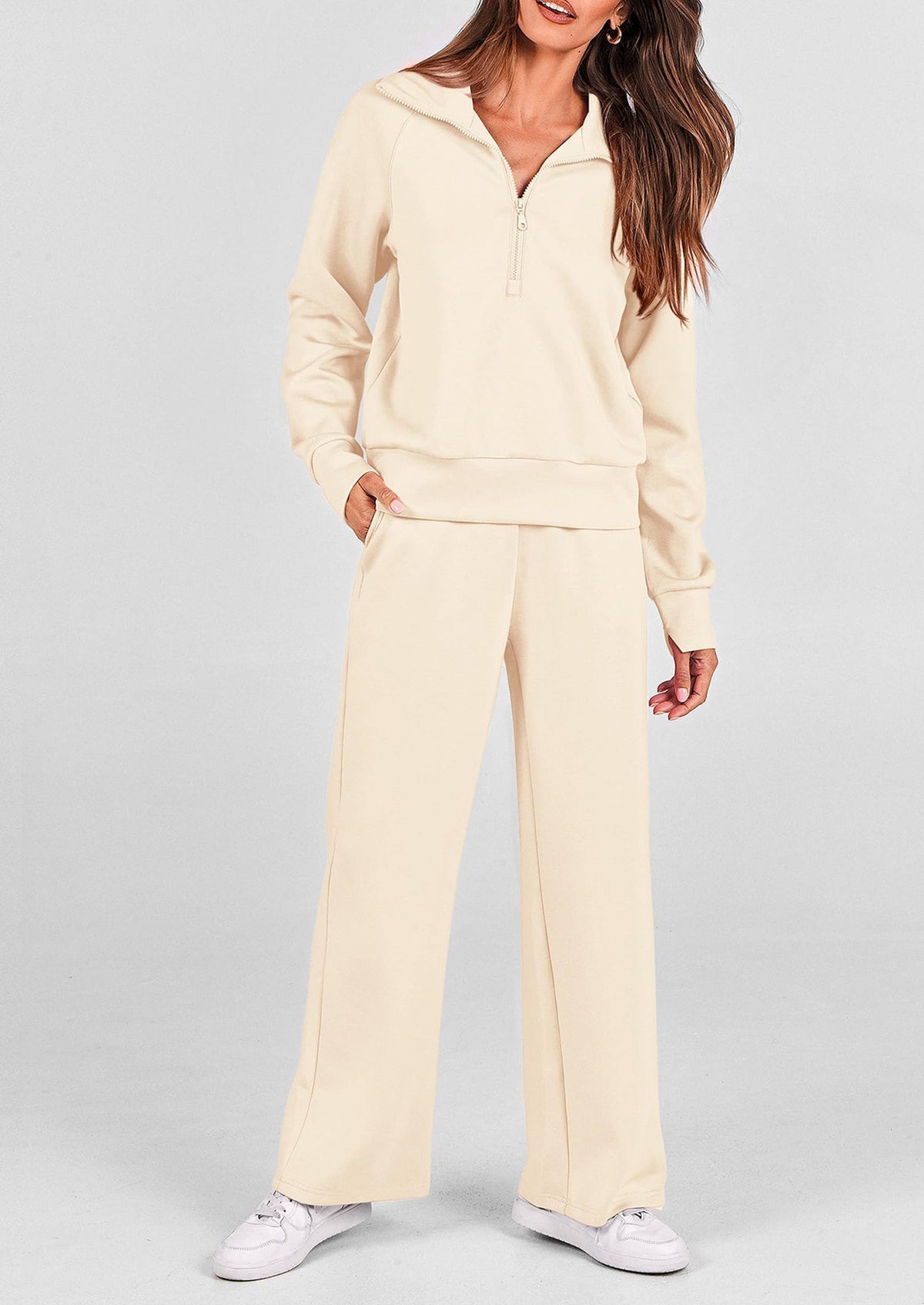 Women's 2 Piece Outfits Casual Lapel Half Zip Sweatshirts And Wide Leg Pants Tracksuit Sets
