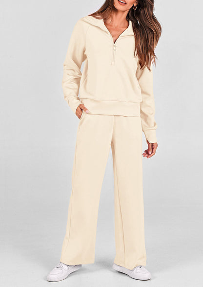 Women's 2 Piece Outfits Casual Lapel Half Zip Sweatshirts And Wide Leg Pants Tracksuit Sets