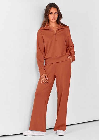 Women's 2 Piece Outfits Casual Lapel Half Zip Sweatshirts And Wide Leg Pants Tracksuit Sets