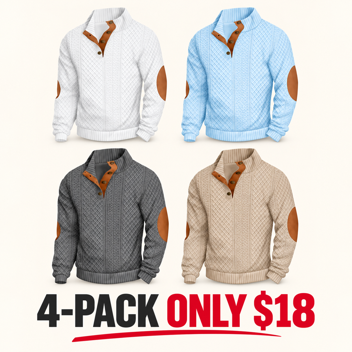 Men's Stand Collar Jacquard Knit Sweater, Micro Stretch 100% Polyester Elbow Patch Long Sleeve Top