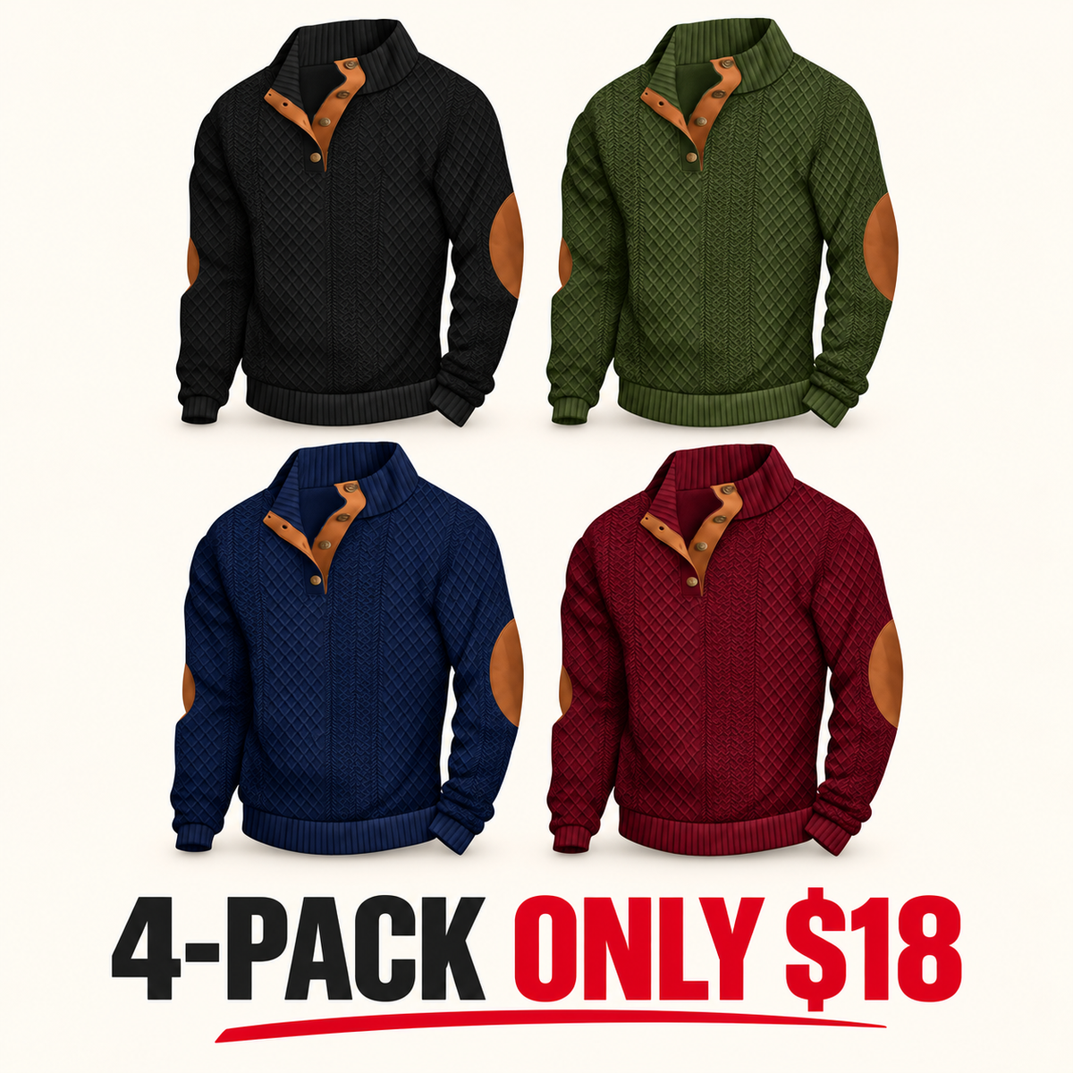 Men's Stand Collar Jacquard Knit Sweater, Micro Stretch 100% Polyester Elbow Patch Long Sleeve Top