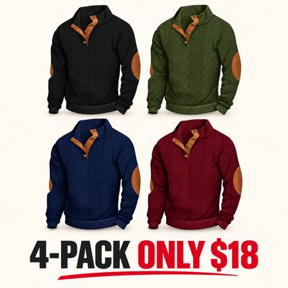 Men's Stand Collar Jacquard Knit Sweater, Micro Stretch 100% Polyester Elbow Patch Long Sleeve Top
