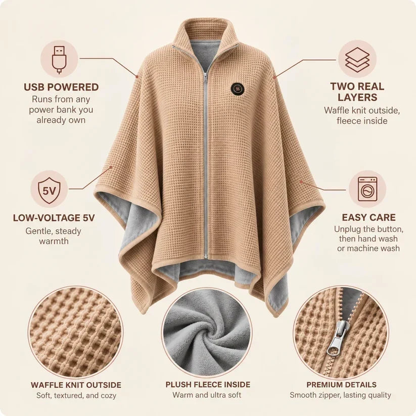 🔥 Black Friday Deal |   Washable Fleece USB   Heated Wrap Poncho