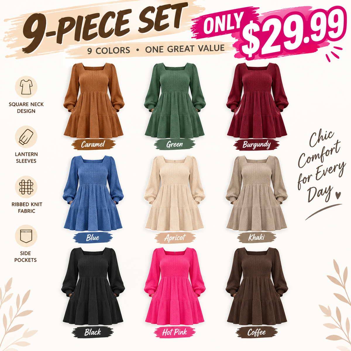 Women's Square Neck Long Sleeve Fall Dresses Casual Babydoll Sweater Dress