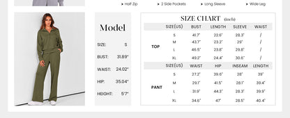 Women's 2 Piece Outfits Casual Lapel Half Zip Sweatshirts And Wide Leg Pants Tracksuit Sets
