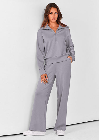 Women's 2 Piece Outfits Casual Lapel Half Zip Sweatshirts And Wide Leg Pants Tracksuit Sets