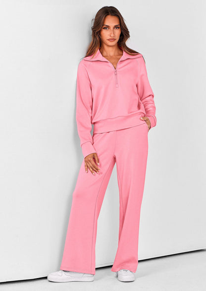 Women's 2 Piece Outfits Casual Lapel Half Zip Sweatshirts And Wide Leg Pants Tracksuit Sets