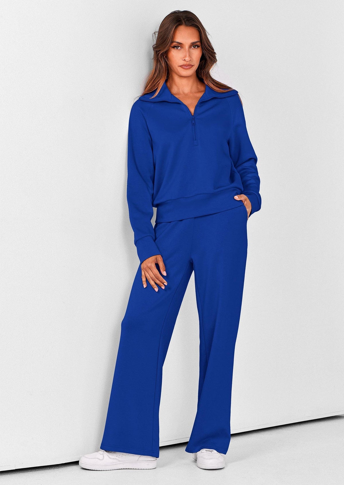 Women's 2 Piece Outfits Casual Lapel Half Zip Sweatshirts And Wide Leg Pants Tracksuit Sets