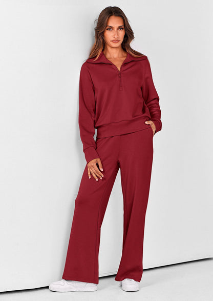 Women's 2 Piece Outfits Casual Lapel Half Zip Sweatshirts And Wide Leg Pants Tracksuit Sets