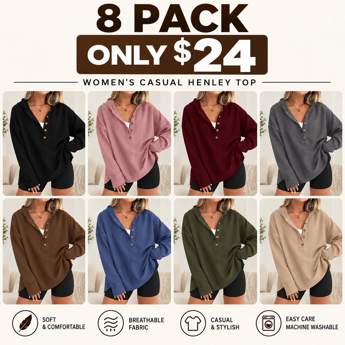Women’s Oversized V-Neck Hoodie – Relaxed Button Pullover with Side Slits
