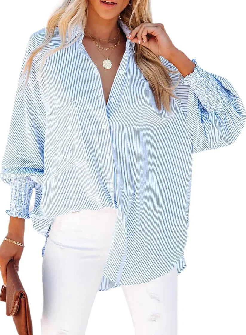 🔥2026 Clearance Item🔥Women's pleated cuffs striped shirt with pockets and casual collar
