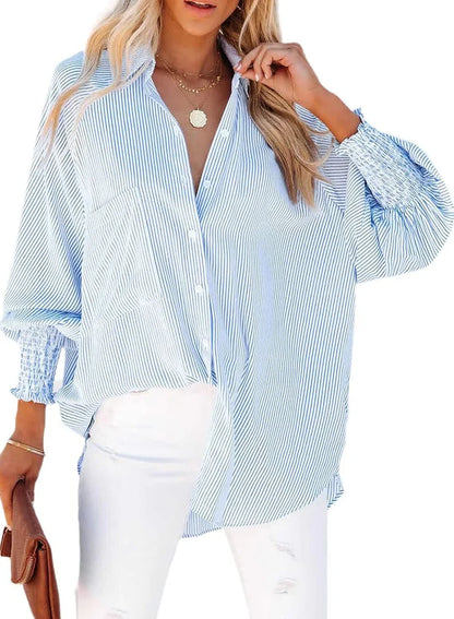 🔥2026 Clearance Item🔥Women's pleated cuffs striped shirt with pockets and casual collar