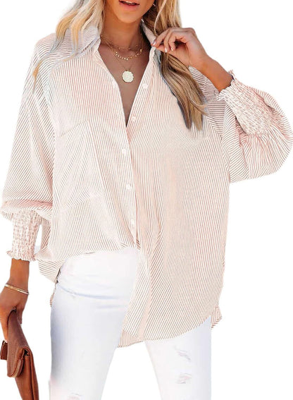 🔥2026 Clearance Item🔥Women's pleated cuffs striped shirt with pockets and casual collar