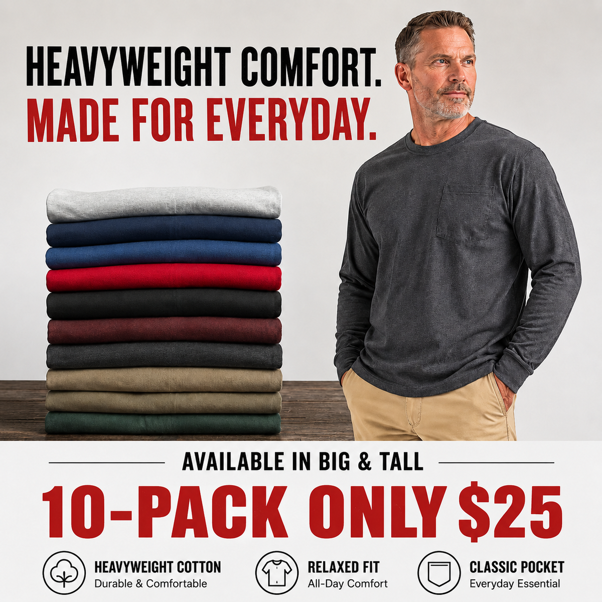 🔥Men's Heavyweight Long-Sleeve Pocket T-Shirt – Relaxed Fit Everyday Casual Tee | Big & Tall Available