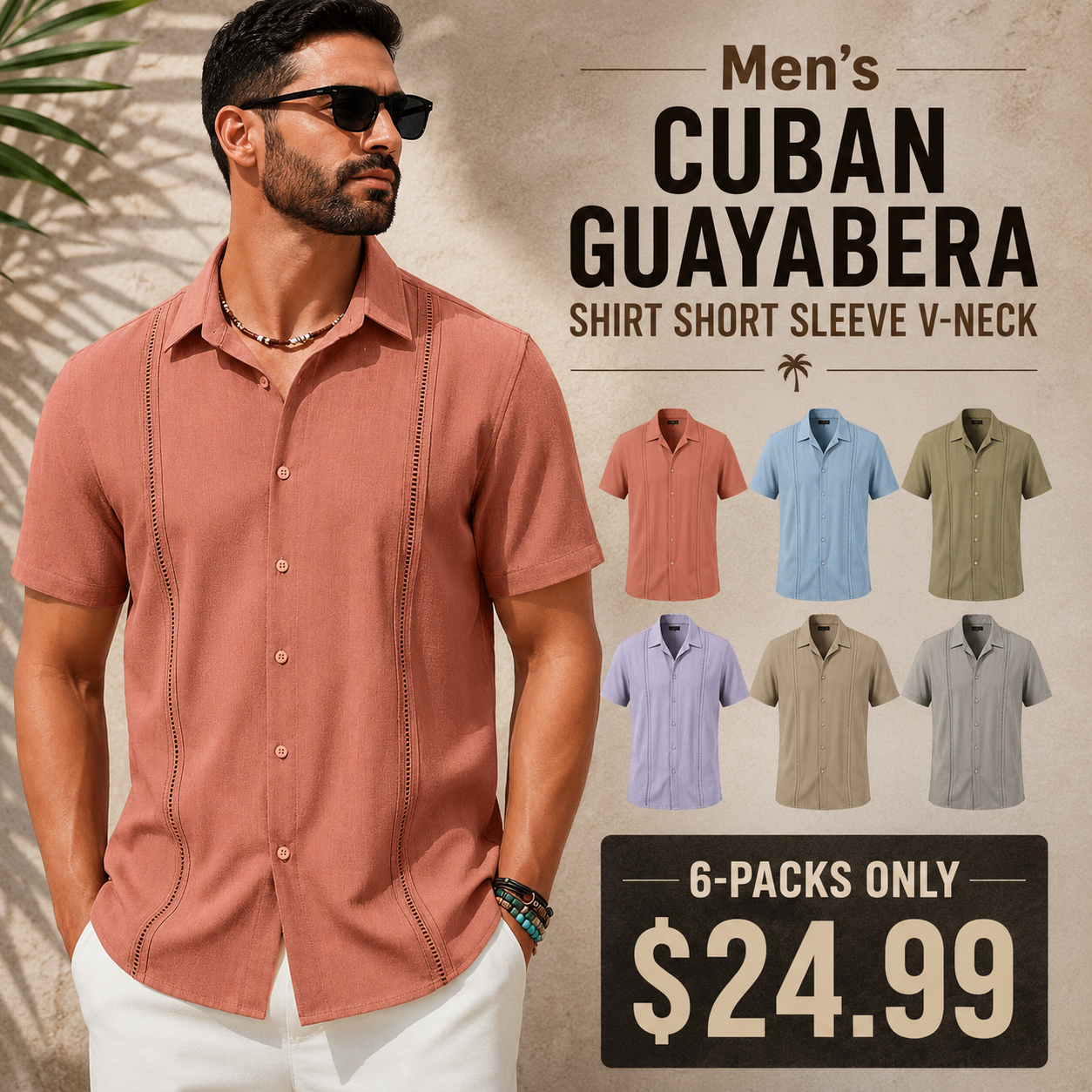 💥Men's Cuban Guayabera Shirt Short Sleeve V-Neck