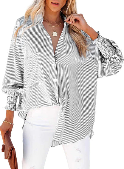 🔥2026 Clearance Item🔥Women's pleated cuffs striped shirt with pockets and casual collar