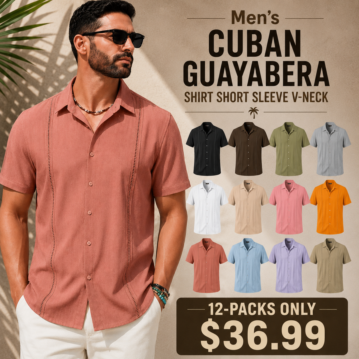 💥Men's Cuban Guayabera Shirt Short Sleeve V-Neck