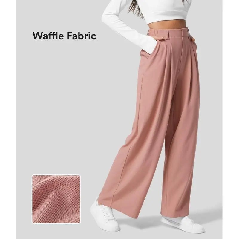 🔥Autumn Sale– High Waisted Pleated Wide Leg Waffle Work Pants with Side Pockets