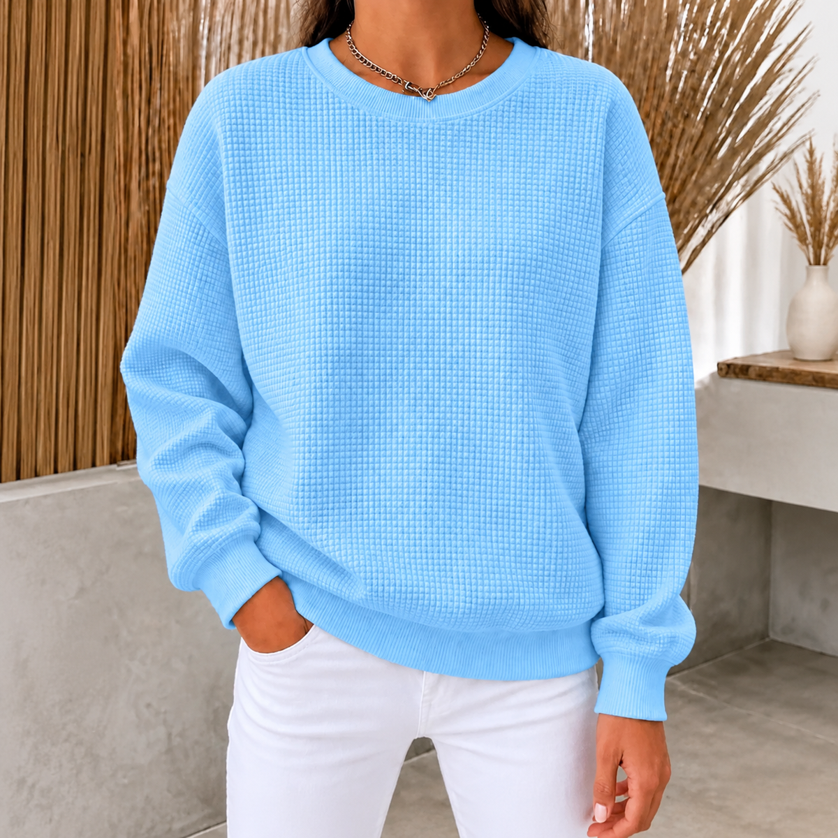 CLEARANCE SALE🔥Women's Waffle Knit Crewneck Sweatshirt