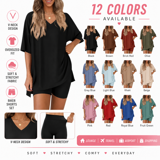 Women's Summer 2 Piece Lounge Set Oversized T-Shirt & Biker Shorts