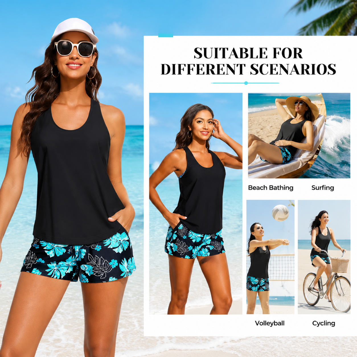 Three Piece Tankini with Shorts with Pockets
