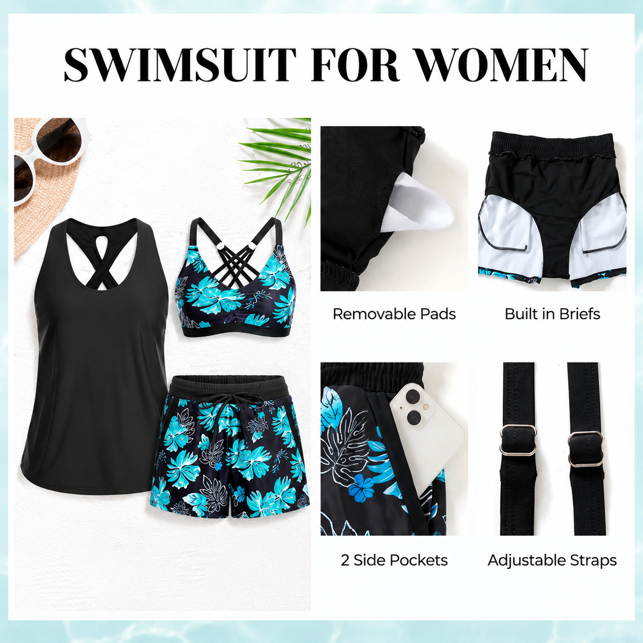 Three Piece Tankini with Shorts with Pockets