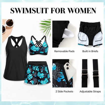 Three Piece Tankini with Shorts with Pockets