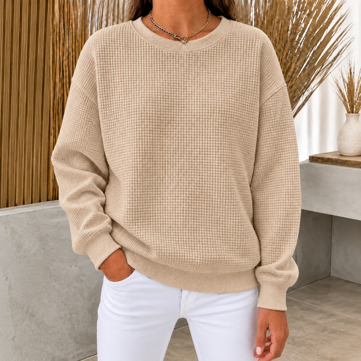 CLEARANCE SALE🔥Women's Waffle Knit Crewneck Sweatshirt