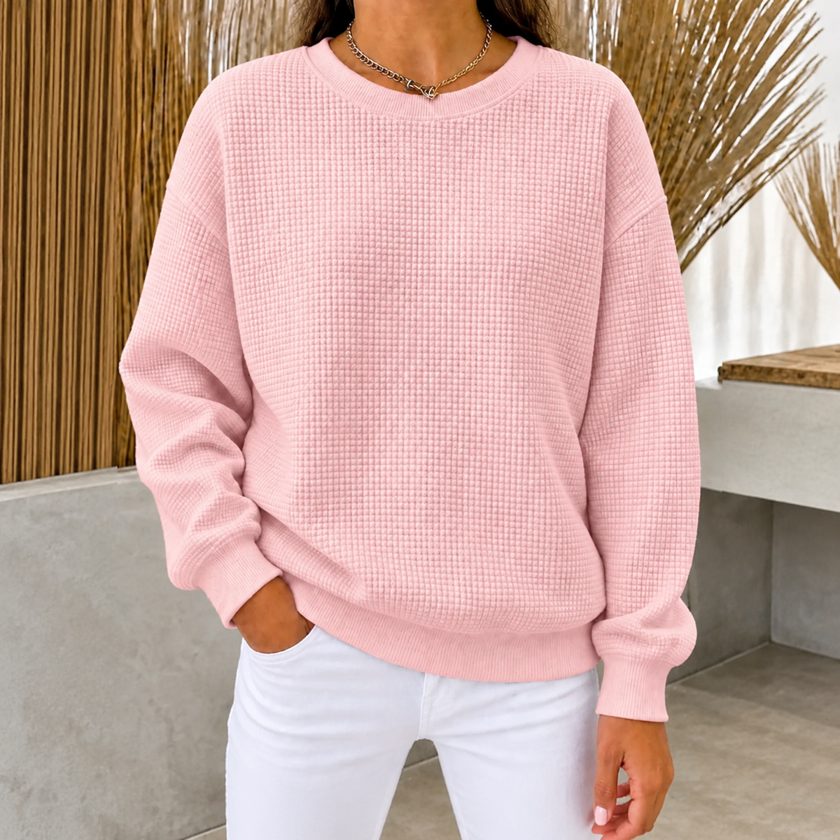 CLEARANCE SALE🔥Women's Waffle Knit Crewneck Sweatshirt