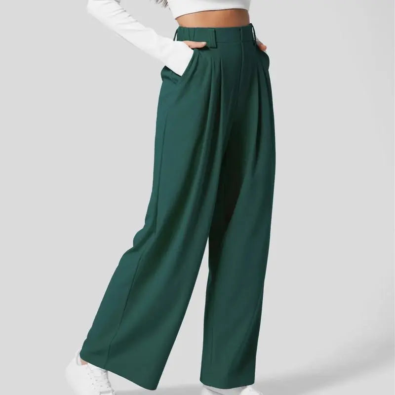 🔥Autumn Sale– High Waisted Pleated Wide Leg Waffle Work Pants with Side Pockets
