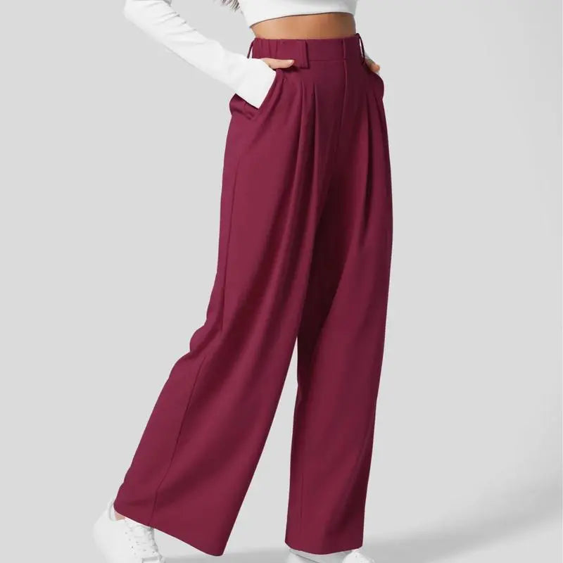 🔥Autumn Sale– High Waisted Pleated Wide Leg Waffle Work Pants with Side Pockets